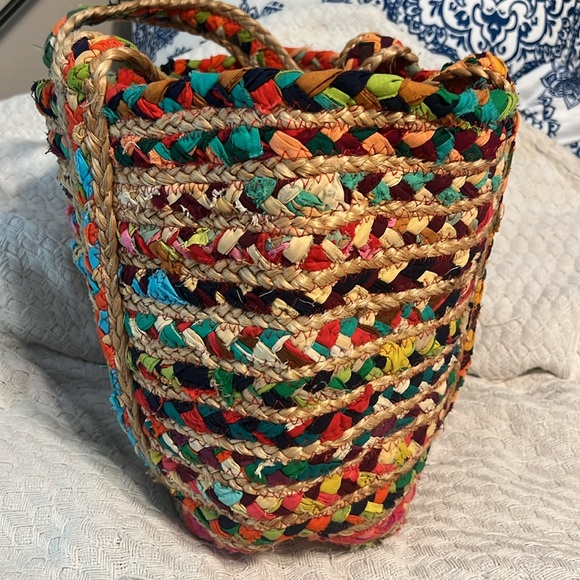 Rainbow Recycled Cloth Jute Tote Shoulder Bag Multi Handwoven Braided Chindi - Picture 4 of 7